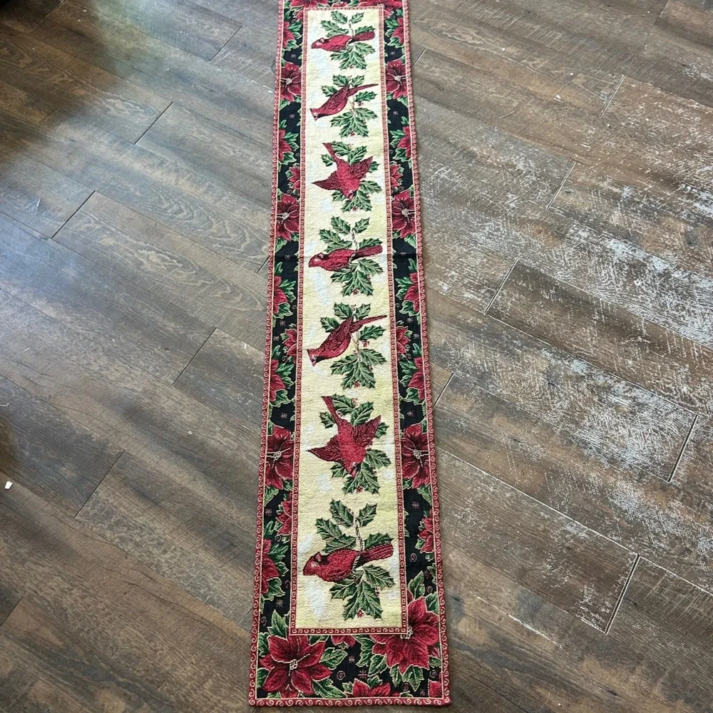 Christmas Cardinal Poinsettia Woven Tapestry Table Runner Red  13x71 Vintage
